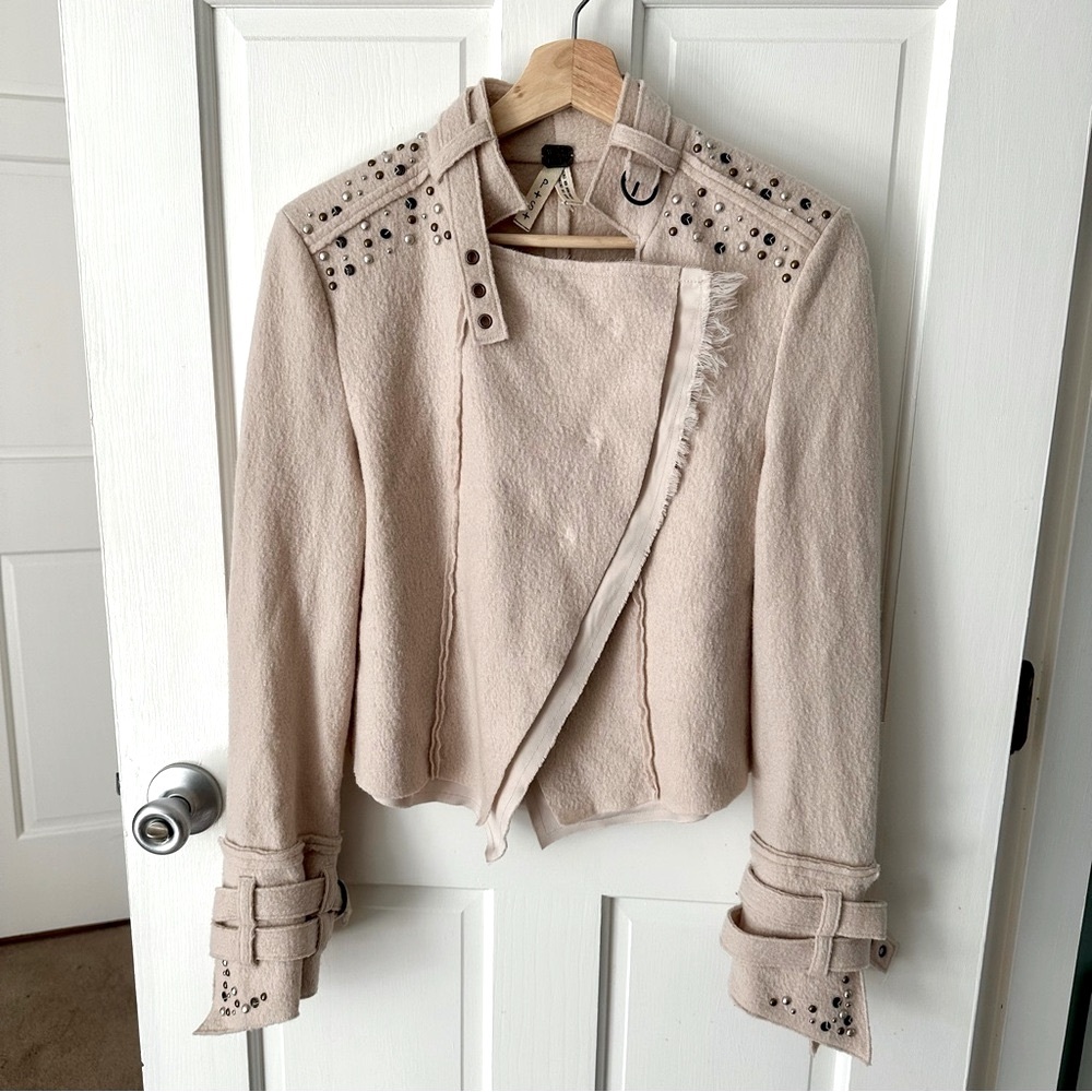 We The Free Ivory Wool Moto Jacket Beaded Brass Boho Military Tailored Size S